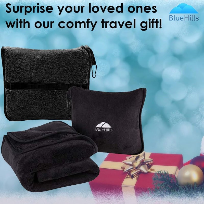 BlueHills Premium Soft Travel Blanket Pillow Airplane Blanket Packed in Soft Bag Pillowcase with Luggage Sleeve Compact Pack Large Traveling Packable Lightweight Gifts Black T008 - Image 4
